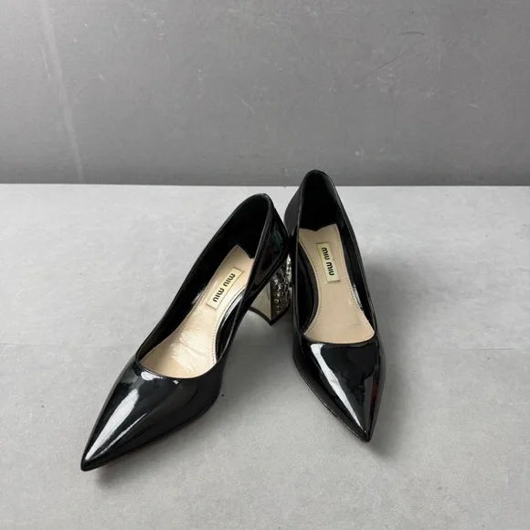 🚩steal authentic Miu Miu Glossy Black Heels with Pearl Accent - Picture 2 of 4